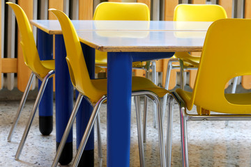 yellow chairs in the classroom of the school