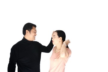 man and woman arguing isolated on white