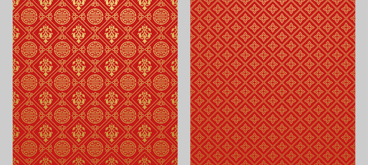 Red backgrounds. Two wallpapers in Chinese and Japanese style. Vector illustration.