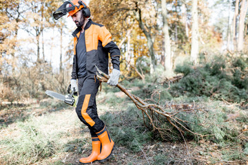 Professional lumberjack in protective workwear carrying tree branches while logging in the pine forest