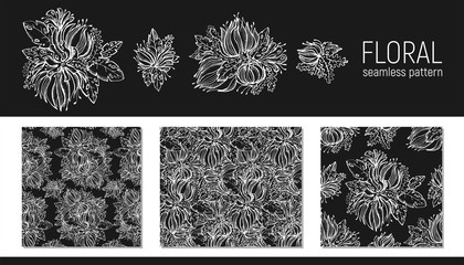 Set of hand drawn floral seamless pattern. Plant texture for fabric, wrapping, wallpaper and paper. Abstraction decorative print