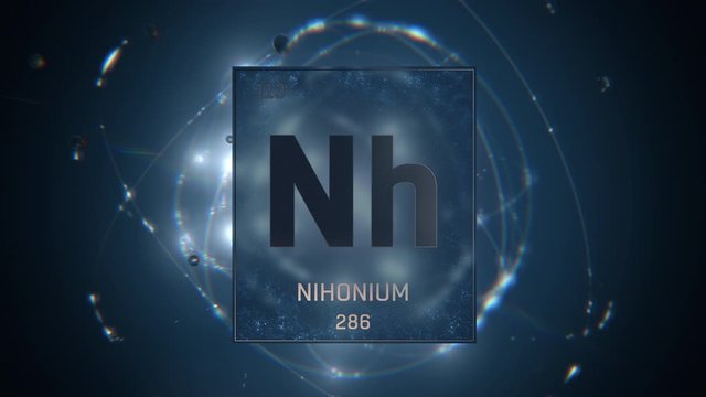 Nihonium as Element 113 of the Periodic Table. Seamlessly looping 3D animation on blue illuminated atom design background with orbiting electrons. Design shows name, atomic weight and element number