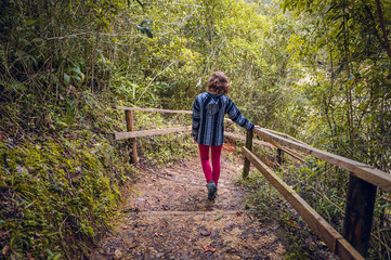 Young blonde woman walking on a path in the middle of the jungle