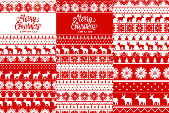 Set Merry Christmas stripe seamless patterns. Lettering inscription on ornamental card. Winter nordic sweater texture. Silhouette deer illustration. Collection Vector stock design white red background