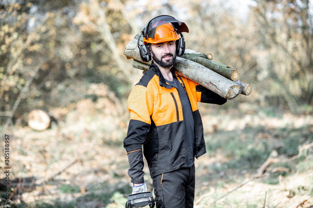 Wall mural portrait of a professional lumberman in protective workwear with a chainsaw and wooden logs during t