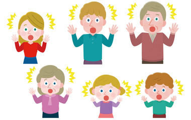 驚く 白人　家族三世代　イラスト