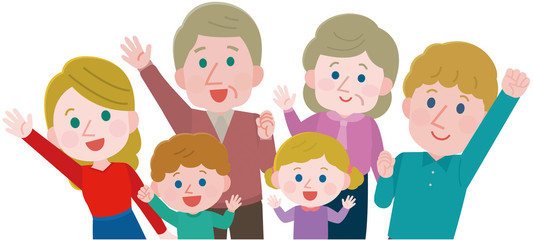 手をあげる　白人　家族三世代　イラスト