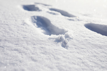 Fototapeta na wymiar The texture of the snow. Winter rainfall. Tracks on a snowy road after a snowfall.