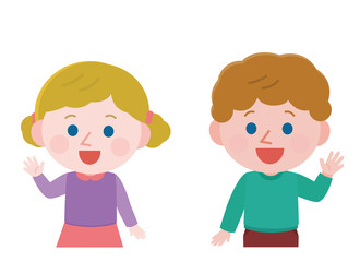 手を振る　挨拶　白人　男の子　女の子　上半身　イラスト