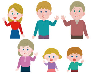 手を振る　白人　三世代家族　 　上半身　イラスト