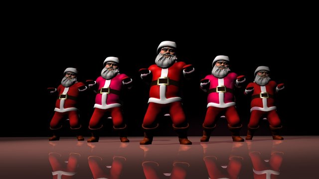 Five cheerful Santa Clauses in a red suit are dancing. 3d rendering