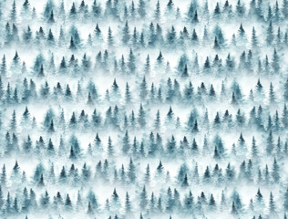 Modèle sans couture avec forêt d& 39 épinettes brumeuse. Sapins isolés sur fond blanc.