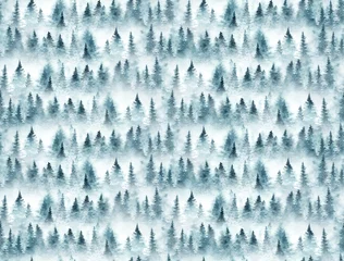 Stickers pour porte Forêt Modèle sans couture avec forêt d& 39 épinettes brumeuse. Sapins isolés sur fond blanc.