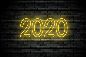 Fototapeta na wymiar 2020 neon color numbers on the wall