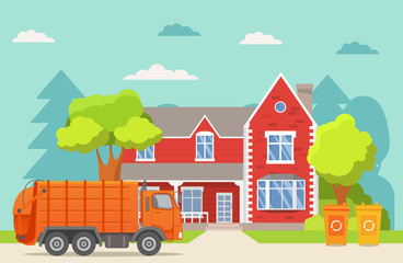 Obraz na płótnie Canvas Garbage truck.Urban sanitary loader truck.City service.Vector illustration.House exterior.Home front view facade with roof. Townhouse building.Garbage cans recycling.