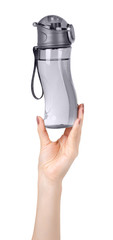 Gray sport water bottle, drinking equipment. Isolated.