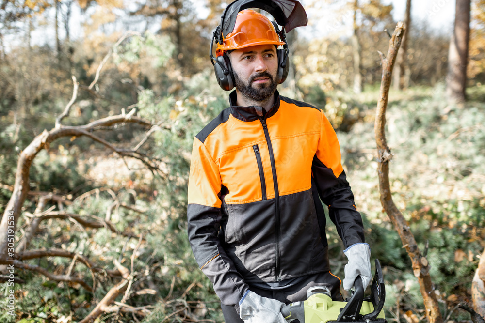 Wall mural waist-up portrait of a professional lumberman in protective workwear logging with chainsaw in the pi