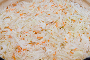 Fototapeta premium sliced cabbage background. cabbage salad. cut cabbage into small pieces. seasoning on a salad. pickle cabbage.