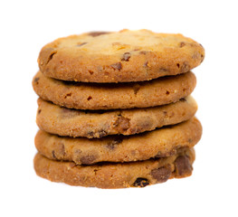 Round cookie with chocolate drops. Isolated on white.