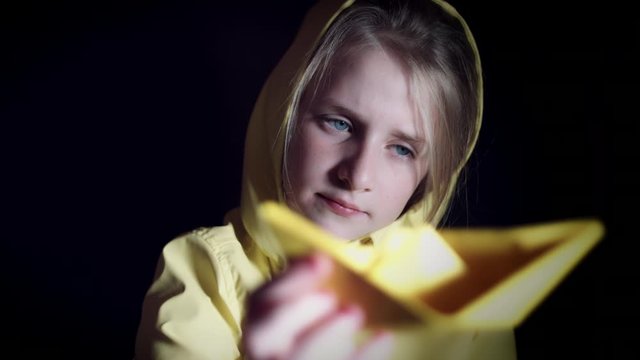 4k Halloween Shot of Girl Dressed in Costumes with Paper Boat