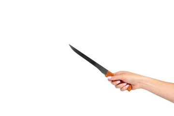 Hand with kitchen knife, home utensil, wooden handle.