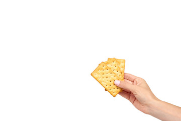 Hand with salty cracker, crispy appetizer, rectangle shape cookie. Isolated