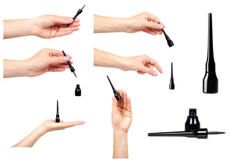Black eye liner bottle and brush, set and collection.