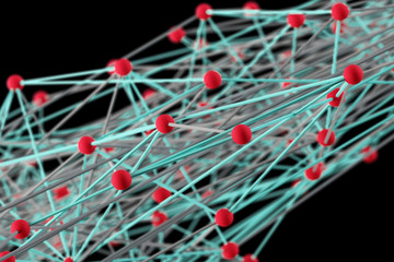Abstract crypto science blockchain network concept background. 3d render of colorful red balls connected by multiple lines. High volumetric image.