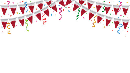 Bahrain flags garland white background with confetti, Hang bunting for Bahrain independence Day celebration template banner, Vector illustration