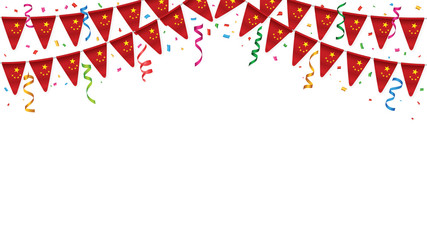 China flag garland white background with confetti, Hang bunting for Chinese Independence Day celebration template banner, Vector illustration