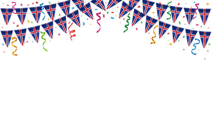 Iceland flag garland white background with confetti, Hang bunting for independence Day celebration template banner, Vector illustration