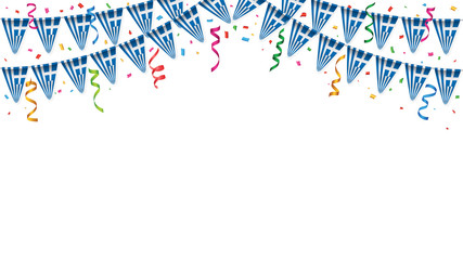 Greece flags garland white background with confetti, Hanging bunting for Greece Independence Day celebration template banner, Vector illustration