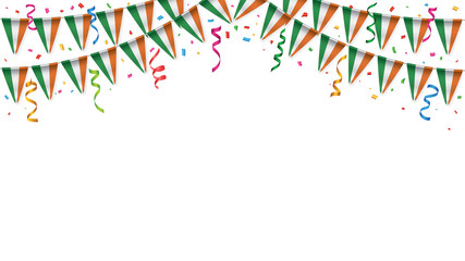 Ireland flag garland white background with confetti, Hang bunting for Irish independence Day celebration template banner, Vector illustration