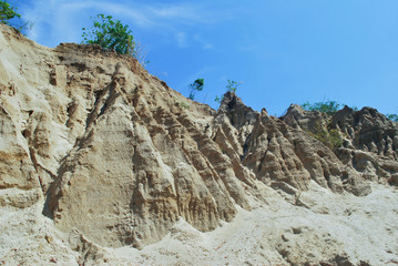 Sand background, sand edge against the sky.