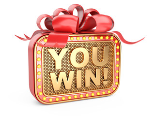 Golden square casino banner with big red bow and ribbons - You Win, with lightbulbs around.