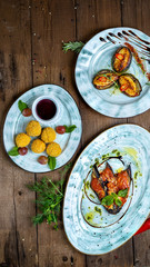 hot snacks: baked zucchini, young fried cheese, baked eggplant with napoli sauce and parmesan