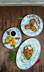 hot snacks: baked zucchini, young fried cheese, baked eggplant with napoli sauce and parmesan