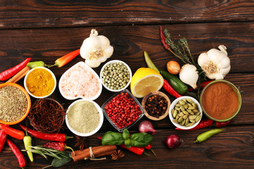 Spices and herbs on table. Food and cuisine ingredients for good cooking