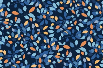 Papier Peint photo Bleu foncé Motif abstrait harmonieux de feuilles colorées, branches sur fond bleu foncé. Impression créative, papier peint. Feuillage dans un style dessiné à la main. Vecteur