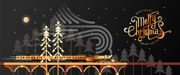New year and Christmas snowy winter landscape with coniferous forest, pines, train and hand drawn Merry Christmas typography . Celebration quotation for poster, card, postcard, event icon logo or