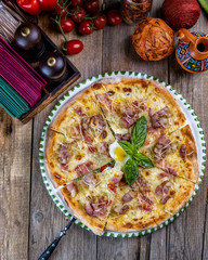 seafood pizza cooked in a wood-fired oven