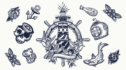 Sea adventure. Nautical elements. Traditional tattooing style. Lighthouse, anchor, shark and steering wheel. Old school tattoo set