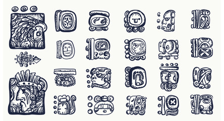 Mayan alphabet. Mexican mesoamerican glyphs, hieroglyphics. Maya civilization collection. Old school tattoo style - obrazy, fototapety, plakaty