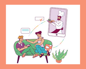 Cook in chief hat holding dish with meal on mobile phone screen and people cartoon characters ordering restaurant cuisine food delivery from home. Vector illustration in sketch style isolated.