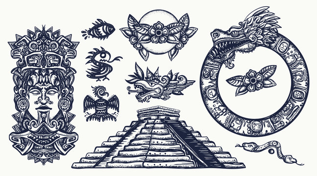 Ancient Maya Civilization. Mexican mesoamerican culture. Traditional tattooing style. Totem, glyphs, pyramid, Kukulkan god. Old school collection