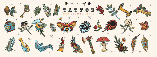 Tattoo elements collection. Big set. Old school flash tattooing style