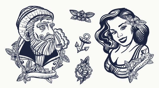 Sea wolf captain and sailor girl. Marine elements. Sea adventure collection. Old school tattoo. Traditional tattooing style