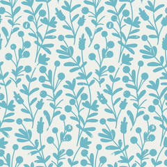 vector seamless pattern with blue large hand drawn cute flowers and grunge texture - 305196108