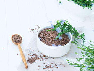 Flax Seeds and Blue Flax Flowers Bunch on White Table