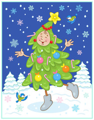 A funny Christmas tree decorated with glass balls and gold star is dancing on the night glade. In cartoon style isolated on white background. Vector illustration.